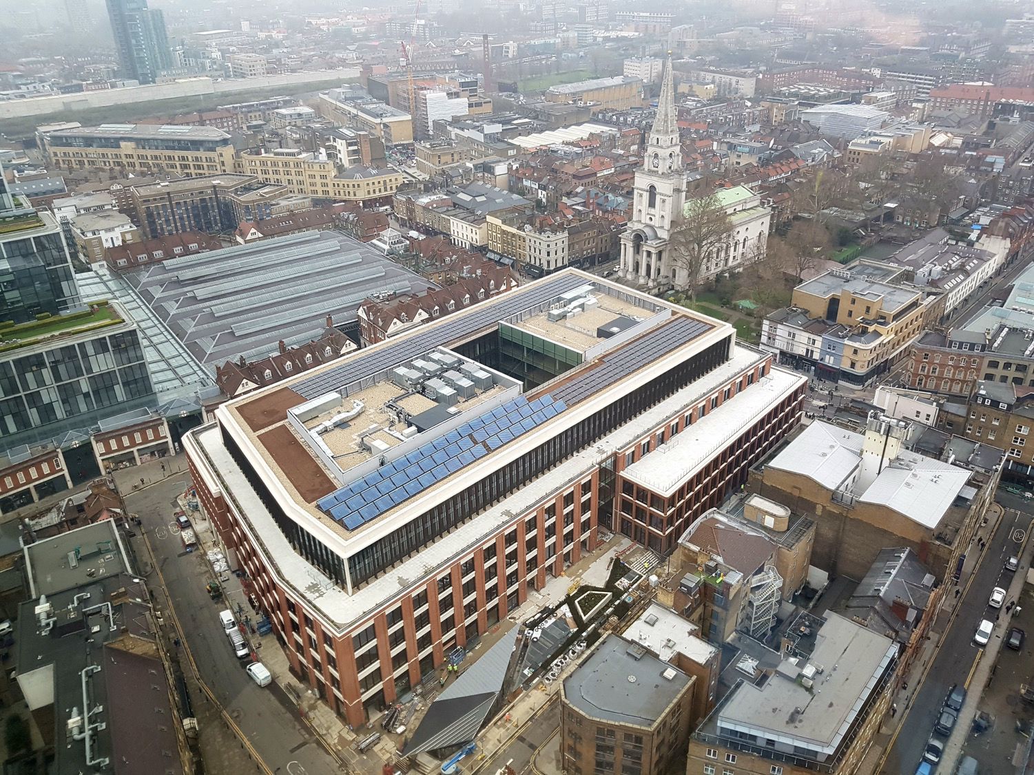 London Fruit and Wool Exchange Solar Panel Install from the air